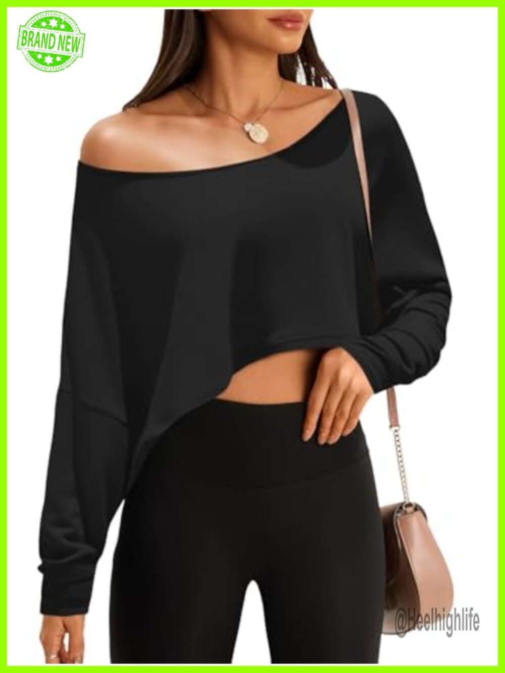 Womens Off Shoulder Crop Top Batwing Long Sleeve Loose Fit Workout Tee